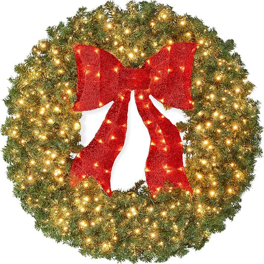 Best Choice Products 24in Large Artificial Pre-Lit Fir Christmas Wreath Holiday Accent Decoration for Door, Mantel w/Red Lighted Bow, 70 LED Lights, 100 PVC Tips, Battery Operated