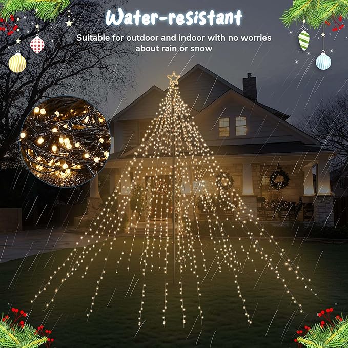Yescom Giant-Sized 20Ft Flag Pole Christmas Lights Kit with Star Top 4840 LED Warm White for Outdoor Holiday Decorations Show Shopping Mall Commercial Event Yard Lighting