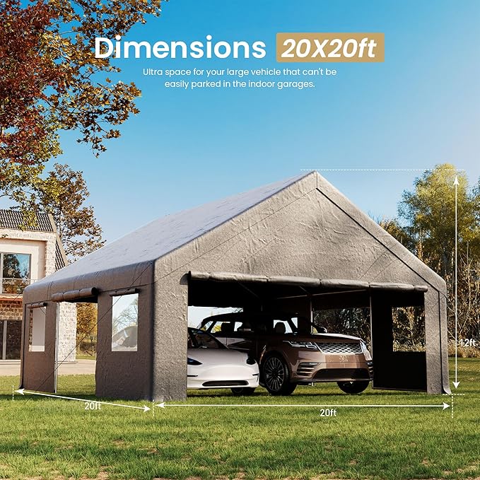 20x20ft Heavy Duty Carport, Canopy with Roll-up Ventilated Windows & Side Door All Weather, Easy Assembly Portable Car Shelter for Garage/Storage/Party