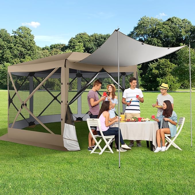 COBIZI 12x12 Pop up Gazebo Screen House Tent for Camping, Outdoor Canopy with Removable Roof&Mosquito Netting, Portable Hub with Carrying Bag and Ground Stakes, Khaki