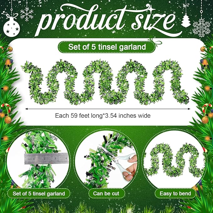 177 Feet Christmas Tinsel Garland Metallic Shiny Hanging Christmas Tree Tinsel Garland Ornaments for Indoor Outdoor Party Wedding Holiday (Lime Green White Silver)