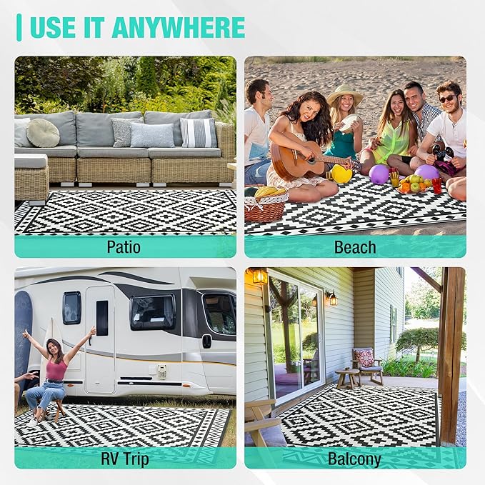 HAUSHOF 5'X8' Outdoor Rug Waterproof, Thickened Outdoor Plastic Straw Rug, Reversible Patio Rug with 4 Rug Stakes, Outdoor Carpet Mat for RV Trip, Camping, Beach, Deck, Porch, Balcony, Black&White