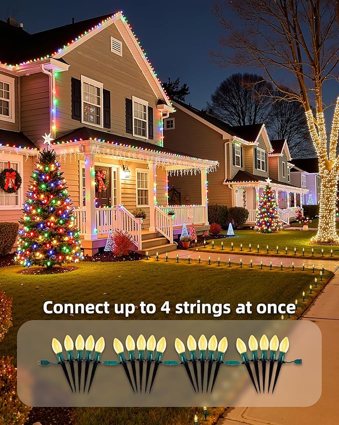 C9 Christmas Lights, 51.4ft Christmas Pathway Lights Outdoor with 40 LED Bulbs and Stakes, Connectable Waterproof String Lights for Path Driveway Sidewalk Lawn Yard Holiday Decorations, Warm White