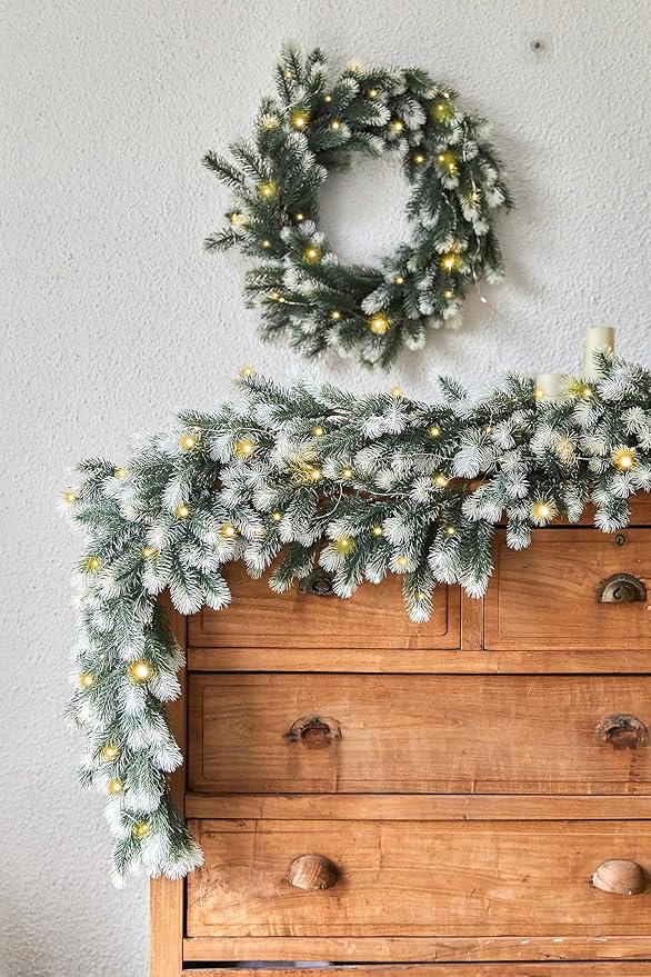 6FT PARTY JOY Seasonal Artificial Christmas Garland with LED String Lights Pine Needle Greenery Garland Holiday Outdoor Winter Decor