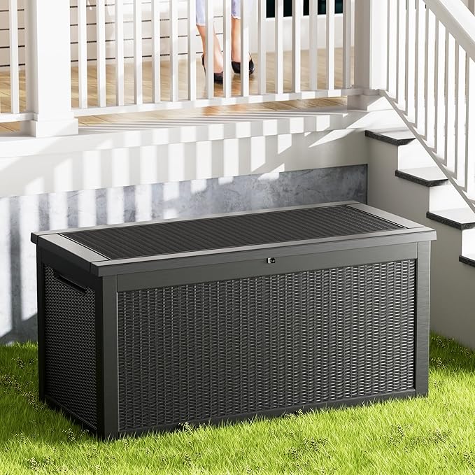Mersco 320 Gallon Double-Wall Resin Deck Box - Lockable Waterproof Outdoor Storage Box, 1000lbs Capacity & Doubles as Seating for Patio Furnitures, Garden Tools, Pool Accessories (Black)