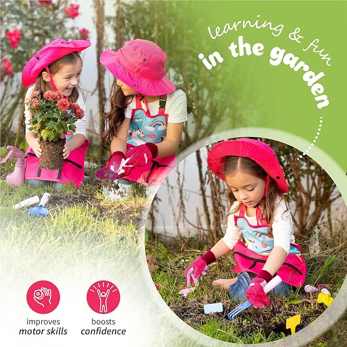 Born Toys Unicorn Kids Gardening Set for Ages 3 & Up, Includes Apron, Sun Hat, Gloves, Shovel - 11pcs Girls Gardening Kit (Pink)