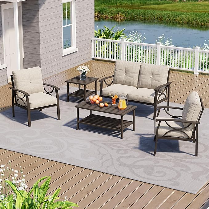 5-Piece Outdoor Patio Furniture Set, Outdoor Metal Sectional Furniture with Cushions, Outdoor Conversation Seating Set with Side Table for Backyard, Garden, Balcony, Deck, Khaki