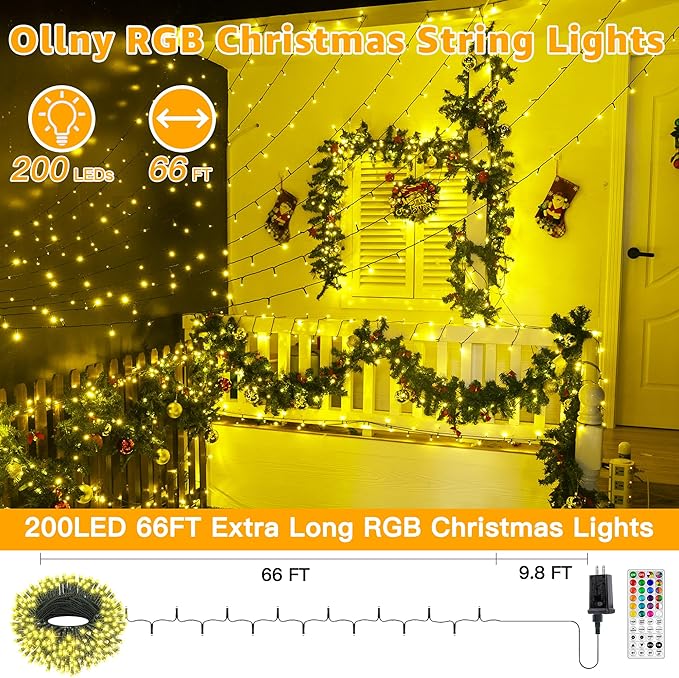 Ollny RGB Halloween Lights 200 LEDs 66 FT, 130 Modes Color Changing Connectable Christmas Lights with Remote, Timer & Waterproof, Outdoor Christmas String Light for All-Year House Decorations