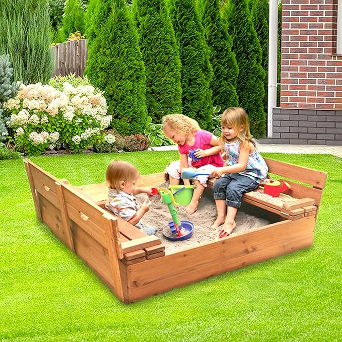 Badger Basket Wooden Sandbox with Lid & Benches - Large Outdoor Sandbox for Kids Made of Cedar - Foldable Cover, Seating & Backyard Playset (46.5 x 46.5 x 9.5)