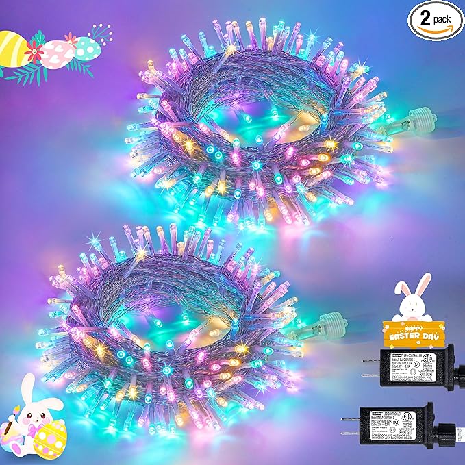 JMEXSUSS 2 Pack 100 LED Easter String Lights Indoor Outdoor, 33ft Multicolor Easter Lights Plug in, 8 Modes Connectable Colorful Christmas String Lights for Easter Bedroom Party Decorations