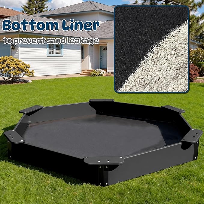 FOOWIN Hexagonal Outdoor Sandbox with Cover for Kids, HDPE Large Sandpit w/6 Benches, for Aged 3-12 Years Old, Sand Box for Children, Bottom Liner,Black