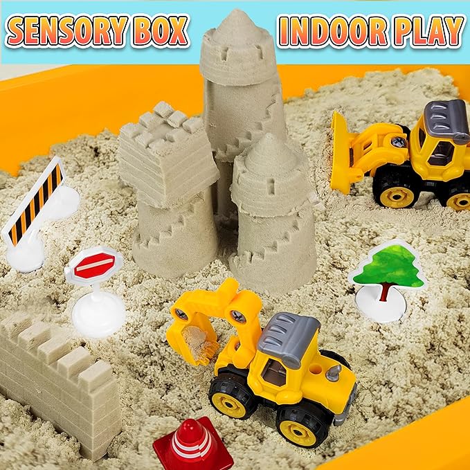 Construction Sensory Bin, Tractor Sand Playset Construction Sandbox with Toy Truck Play Sand and Signs, Sand Art Kit for Kids Ages 3 and up