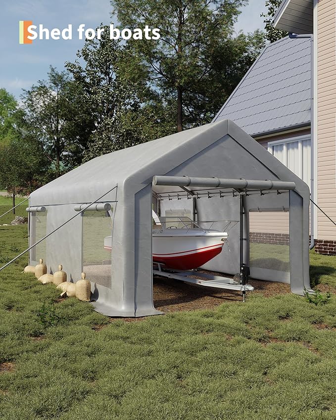 GarveeLife 13x20 ft Carport with 8 Sandbags, Car Port with 220 g PE Tarp, 2 Roll-Up Doors, and 4 Windows, for Full-Size Pickups, Bass Boats, Tractors, and SUVs, White