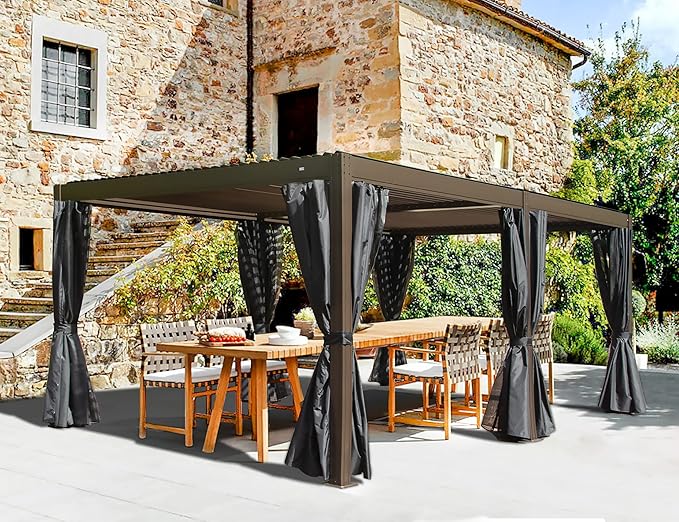 Domi 12x20FT Louvered Pergola, Full Aluminum Pergola with Adjustable Louvered Roof, Outdoor Pergola with Waterproof Curtains and Netting, Dark Brown