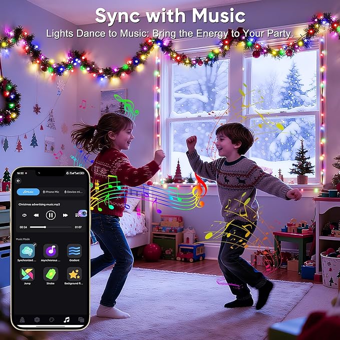 Ollny Smart Christmas Lights 66FT 200LEDs, Color Changing Christmas Tree Lights App & Remote Controlled, RGB String Light with DIY Music Timer for Outdoor Indoor Holiday Xmas Decorations