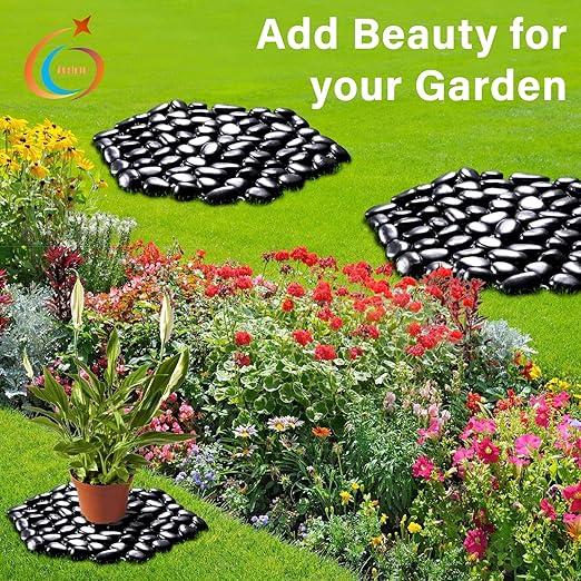 10in River Rock Stepping Stones Set - 6 Pack | Polished Pebble | Long-Lasting PVC Mesh Backing | Perfect for Garden Paths and Lawns Outdoor Landscaping Decoration | Black Rhombus