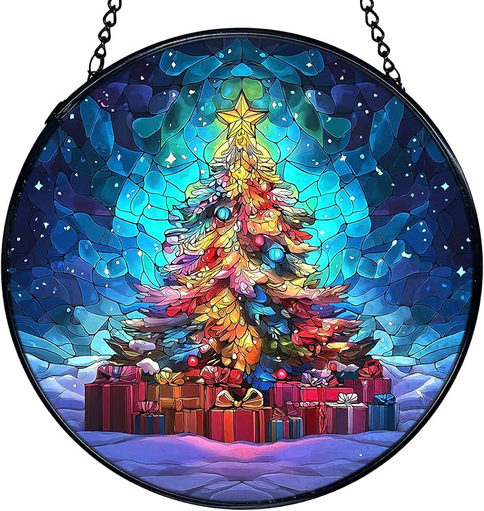 TNUW Christmas Tree Stained Glass Window Hanging, Rustic Winter Holiday Xmas Tree Sun Catchers Indoor Window Glass Round Wall Art Decor, Christmas Wall Hanging Decorations, 7.9＂x7.9＂