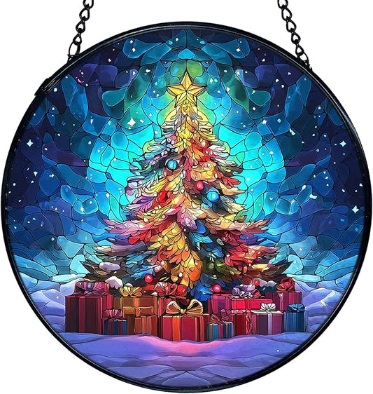 TNUW Christmas Tree Stained Glass Window Hanging, Rustic Winter Holiday Xmas Tree Sun Catchers Indoor Window Glass Round Wall Art Decor, Christmas Wall Hanging Decorations, 7.9＂x7.9＂