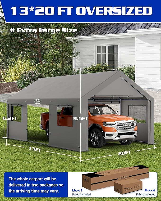 13x20 ft Heavy Duty Carport, Waterproof & UV Protected Carport with Reinforced Steel Frame, All-Weather Outdoor Shelter for Cars, Trucks, Vans, RVs, and Workshops