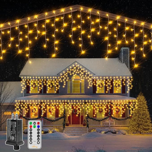 Ollny Icicle Lights for Outside 1000LED 82FT, Warm White Christmas Light with Remote 8Modes Timers Waterproof Dimmable, Plug in Hanging Lights for Outdoor Indoor House Roof Holiday
