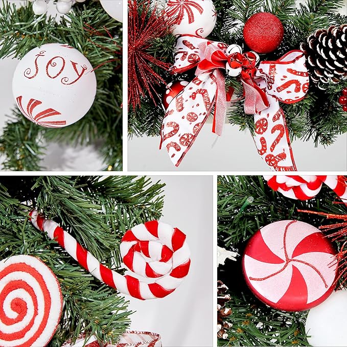 WBHome Pre-lit 9 Feet/106 Inch Christmas Garland Candy Shop Red & White Themed with 50 LED Lights Holiday Decorations, Battery Operated (Batteries NOT Included)