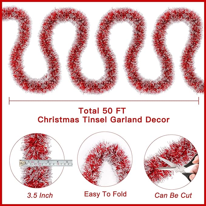 50FT Red Christmas Tinsel Garland Metallic Twist Shiny Christmas Tree Decorations, Xmas Holiday Hanging Garland for Home Mantle Stair Indoor Outdoor Holiday Decor Party Supplies - Red White