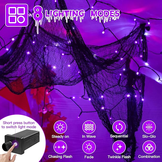 66FT 200 LED Halloween Lights, Purple Halloween Lights Outdoor with 8 Lighting Modes, Waterproof String Lights for Halloween Christmas Outdoor Party Yard Garden Decoration