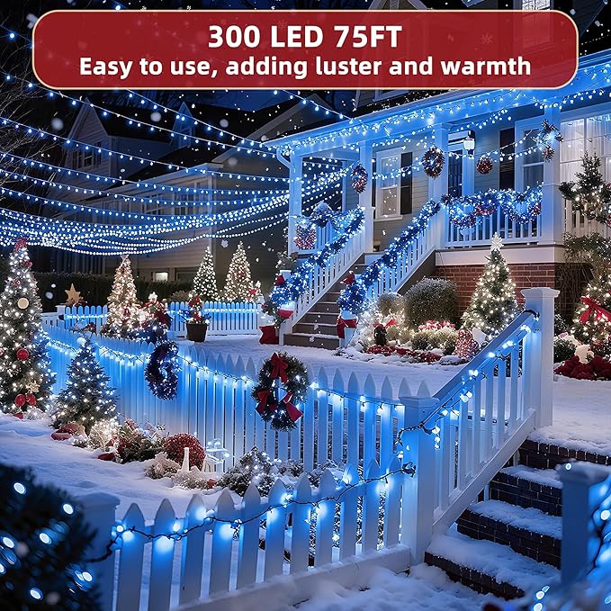 300 LED Outdoor Christmas Lights 75ft, 12 Lighting Modes Indoor String Lights Dimmable & Timer Memory, Outsite Waterproof Tree Lights for Xmas Room Garden Wedding Party Holiday Decorations Blue