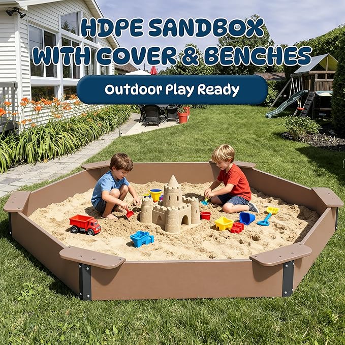 FOOWIN Hexagonal Outdoor Sandbox with Cover for Kids, HDPE Large Sandpit w/6 Benches, for Aged 3-12 Years Old, Sand Box for Children, Bottom Liner,Teak