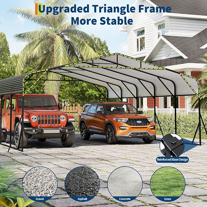 Metal Carport, 20x25 FT Outdoor Carport Canopy with Reinforced Base and Galvanized Steel Roof, Heavy Duty Garage Car Shelter Shade for SUV, Truck, Boats