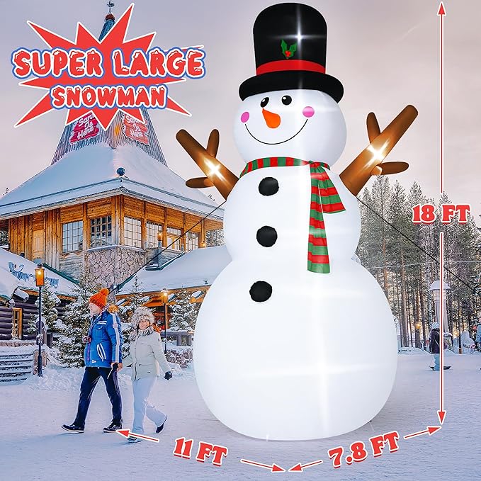 18FT Christmas Inflatable Snowman, Super Large Blow Up Snowmen Outdoor Decor with LED Lights, Waterproof Giant Snowman Yard Decoration for Holiday, Xmas Party, Garden