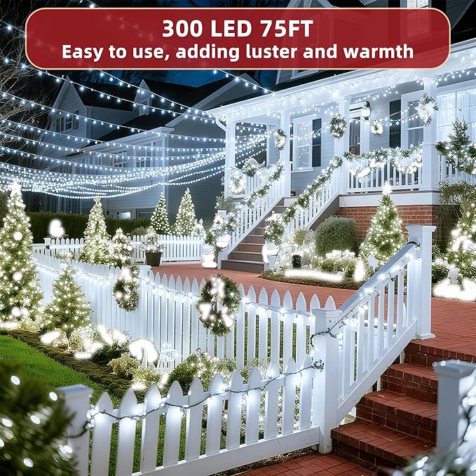 300 LED Outdoor Christmas Lights 75ft, 12 Lighting Modes Indoor String Lights Dimmable & Timer Memory, Outsite Waterproof Tree Lights for Xmas Garden Wedding Party Holiday Decorations Cool White