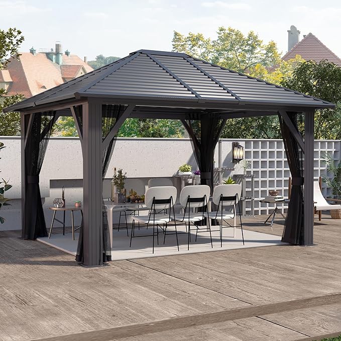 GARTOO 10' x 12' Patio Hardtop Gazebo - Outdoor Metal Hard Top with Breathable Mesh, Galvanized Steel Top Gazebo for Garden, Lawn, Outdoor Party (Black)