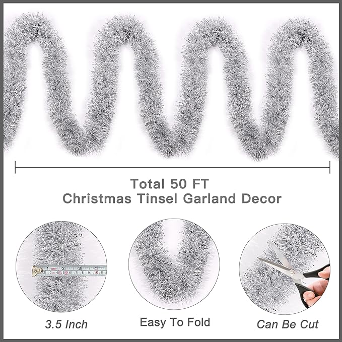 50FT Silver Christmas Tinsel Garland Metallic Twist Shiny Christmas Tree Decorations, Xmas Holiday Hanging Garland for Home Mantle Stair Indoor Outdoor Hodiday Decor Party Supplies - Silver White
