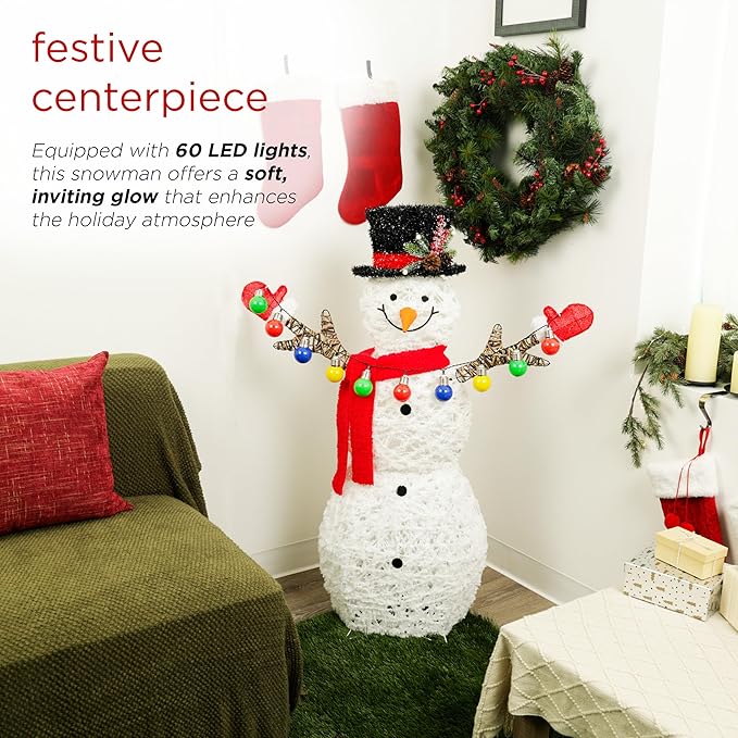 Alpine Corporation CHT972, White Mesh Fabric 3D Snowman Holding Christmas Lights with 60 Warm White LED Lights - Large 4 Feet Tall Indoor/Outdoor Holiday Décor, Christmas Decoration