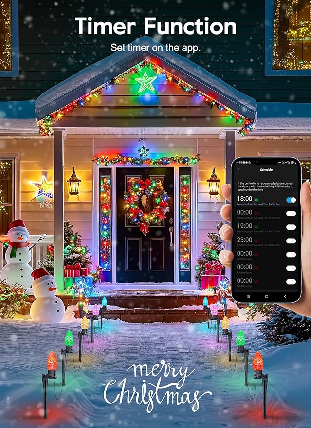 Brightown Smart C9 LED Christmas Lights Outdoor House, 50Ft 75 LED RGB Christmas Pathway Lights with 58 Preset Modes, App or Remote Control, Music Sync, Memory and Timer Function for Indoor/Outside