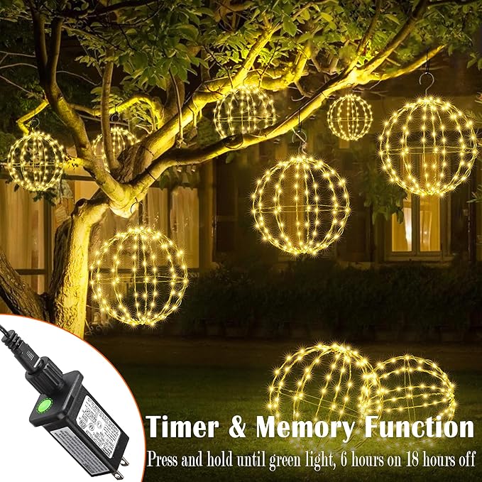 Joomer 2 Pack Christmas Ball Lights, 13IN & 11IN Foldable Metal Sphere Light, Connectable Waterproof 8 Modes with Timer, Hanging Tree Globe Lights for Holiday Christmas Decorations (Warm White)