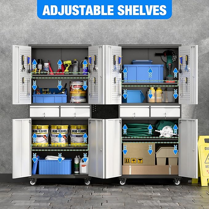 Aobabo 71 H 2 Drawer Metal Storage Cabinet with Wheels and 4 Pegboards,Lockable Steel Garage Storage Cabinet with 2 Adjustable Shelves,Black Sliver,Assembly Required