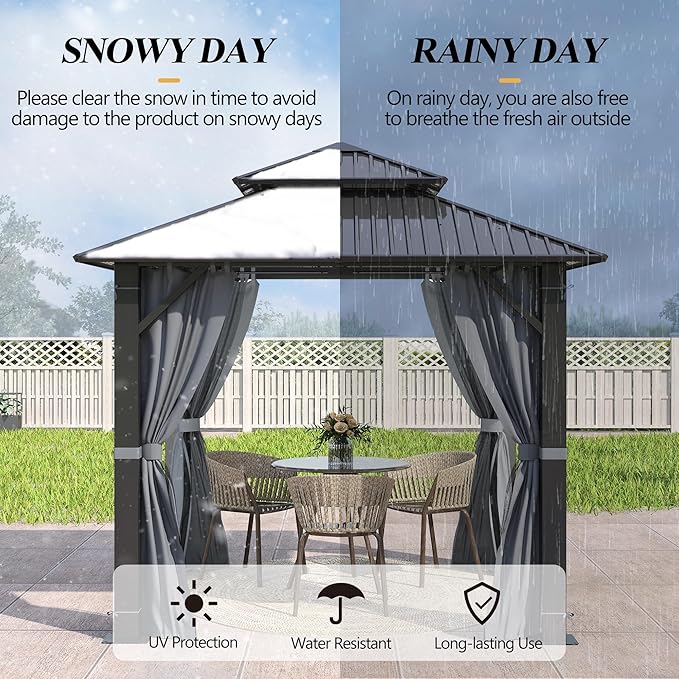 GARTOO 8.5x8.5FT Outdoor Hardtop Gazebo with Double Roof - Aluminum Heavy-Duty Steel Top Gazebo with Breathable Netting & Privacy Curtain for Patio, Porch, Garden, Lawn, Deck, Backyard