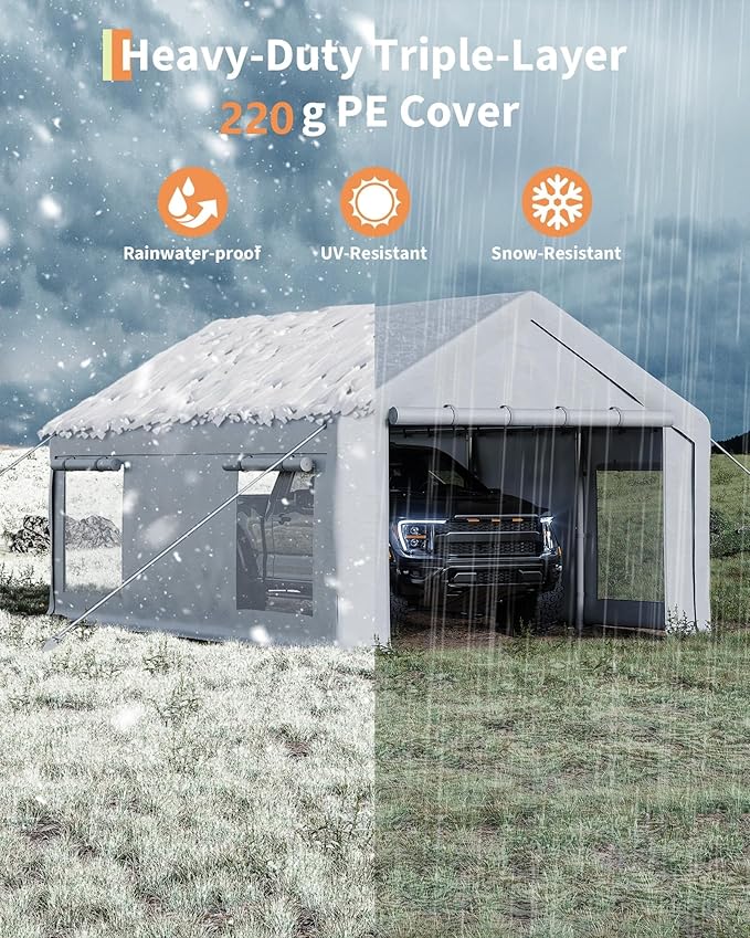 13X20 FT Portable Carport Garage with Roll-Up Windows & Doors, Heavy-Duty 200g PE Tarp, Waterproof & UV Protected Outdoor Shelter for Car, Boat, Truck, Motorcycle
