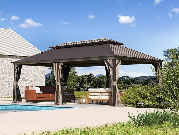 Domi 12x18FT Outdoor Gazebo, Hardtop Gazebo with Galvanized Steel Double Roof, Metal Gazebos with Drainage System Patio Pergola for Patio Deck Backyard,Curtain and Netting,Brown
