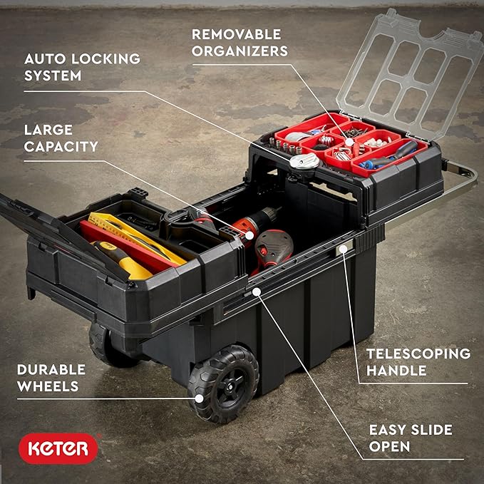 Keter Masterloader Resin Rolling Tool Box with Locking System and Removable Bins ? Perfect Organization and Storage Chest for Power Drill, Tape Measure, and Screwdriver Set, Black
