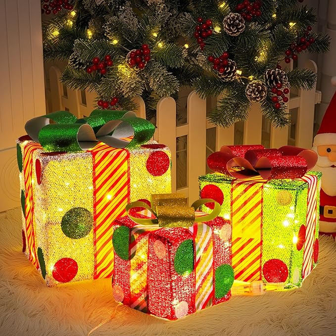 Christmas Lighted Gift Boxes: 3Pack Boxes with led Lights, Pre-lit Present Box with Bowknot Holiday Decorations, Grinchmas Table Centerpieces for Indoor Outdoor Yard Decor