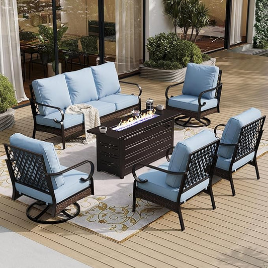 6 Piece Black Metal Outdoor Patio Furniture Sets with Firepit Table, Patio Conversation Sets 1 3-Seater Sofa, 2 Leg Chair and 2 Swivel Chair with 5.75" Cushion for Backyard Deck, Blue