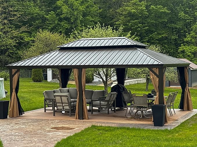 PURPLE LEAF 14' X 20' Outdoor Hardtop Gazebo Patio Wide Aluminum Frame Metal Double Roof with Heavy Duty Netting and Curtains for Permanent Hard Top Pavilion Screen, Khaki