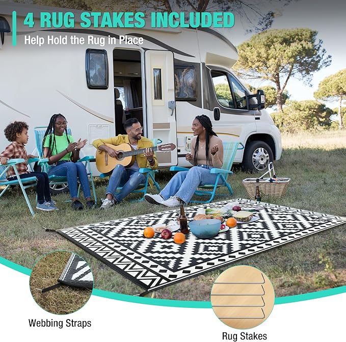 HAUSHOF 5'X8' Outdoor Rug Waterproof, Thickened Outdoor Plastic Straw Rug, Reversible Patio Rug with 4 Rug Stakes, Outdoor Carpet Mat for RV Trip, Camping, Beach, Deck, Porch, Balcony, Black&White