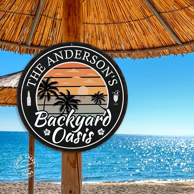 Personalized Backyard Oasis Sign, Patio Sign, Backyard Wall Decor, Tropical Sign, Beach Sign, Pool Plaque, Hot Tub, Made in USA 12" 200120050009