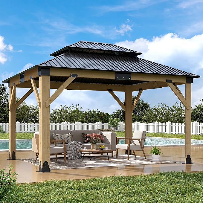11'x13' Wood Gazebo,Outdoor Hardtop Gazebo with Galvanized Steel Doule Roof, Wooden Frame Gazebos for Patio Backyard Deck