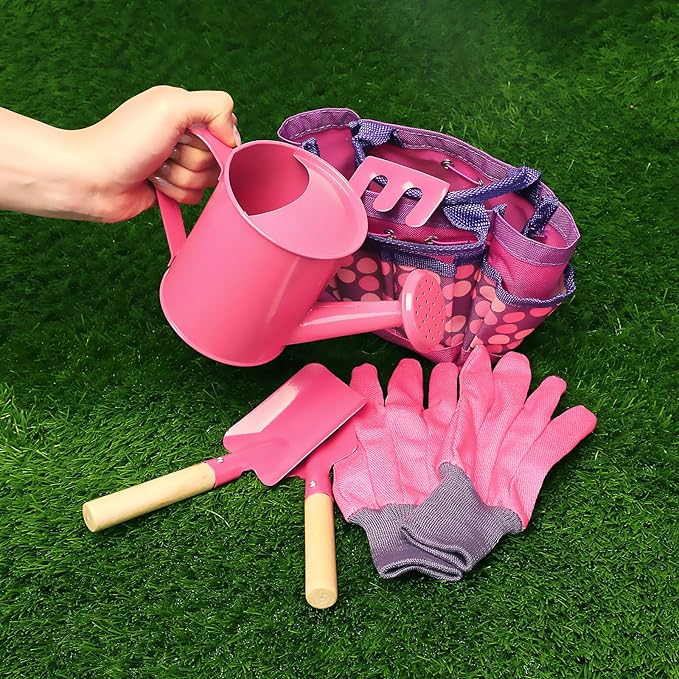 Kids Gardening Tools Set, Toddler Play Kit Child Outdoor Toy with Gloves, Watering Can, Metal Shovel, Rake, Spade & Storage Bag, Backyard Sand Digging Birthday for Boys Girls 3 4 5 (Pink)