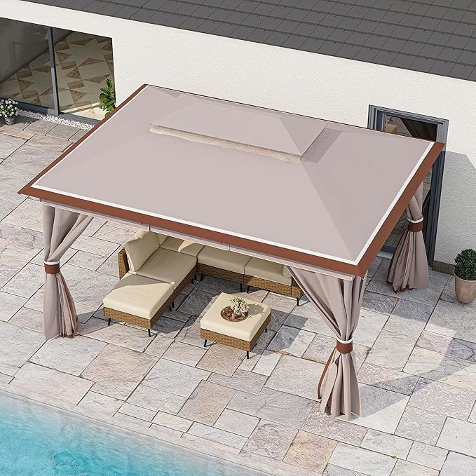 LAUSAINT HOME Semi-Permanent Patio Gazebo 10'x13' with Expansion Bolts, Outdoor Heavy Duty Party Tent & Shelter with Double Roofs, Mosquito Nettings and Privacy Screens for Backyard, Garden, Lawn